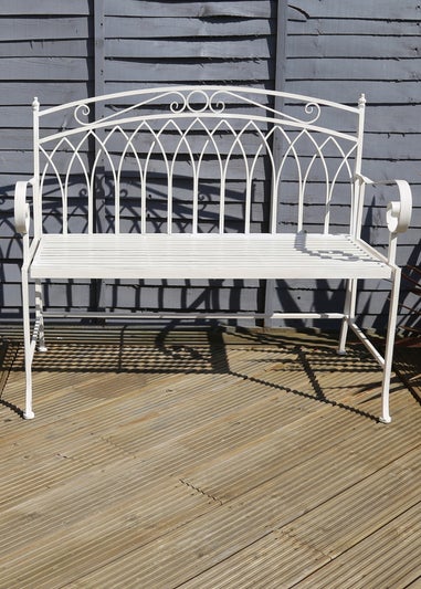 Charles Bentley Wrought Iron Feminine Bench Antique White (H89cm x L104.5cm x W54cm)