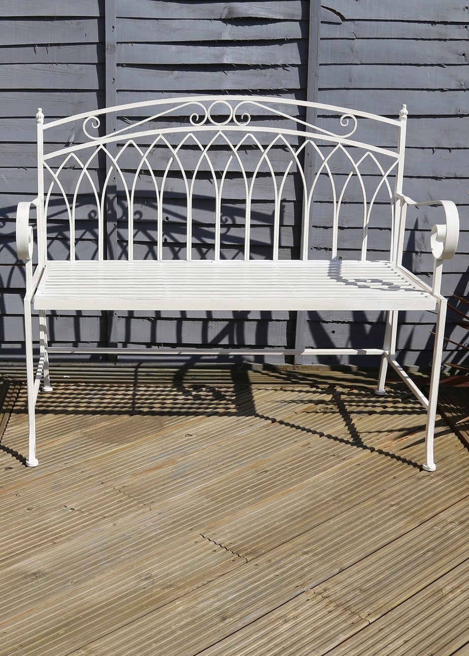Charles Bentley Wrought Iron Feminine Bench Antique White (H89cm x L104.5cm x W54cm)