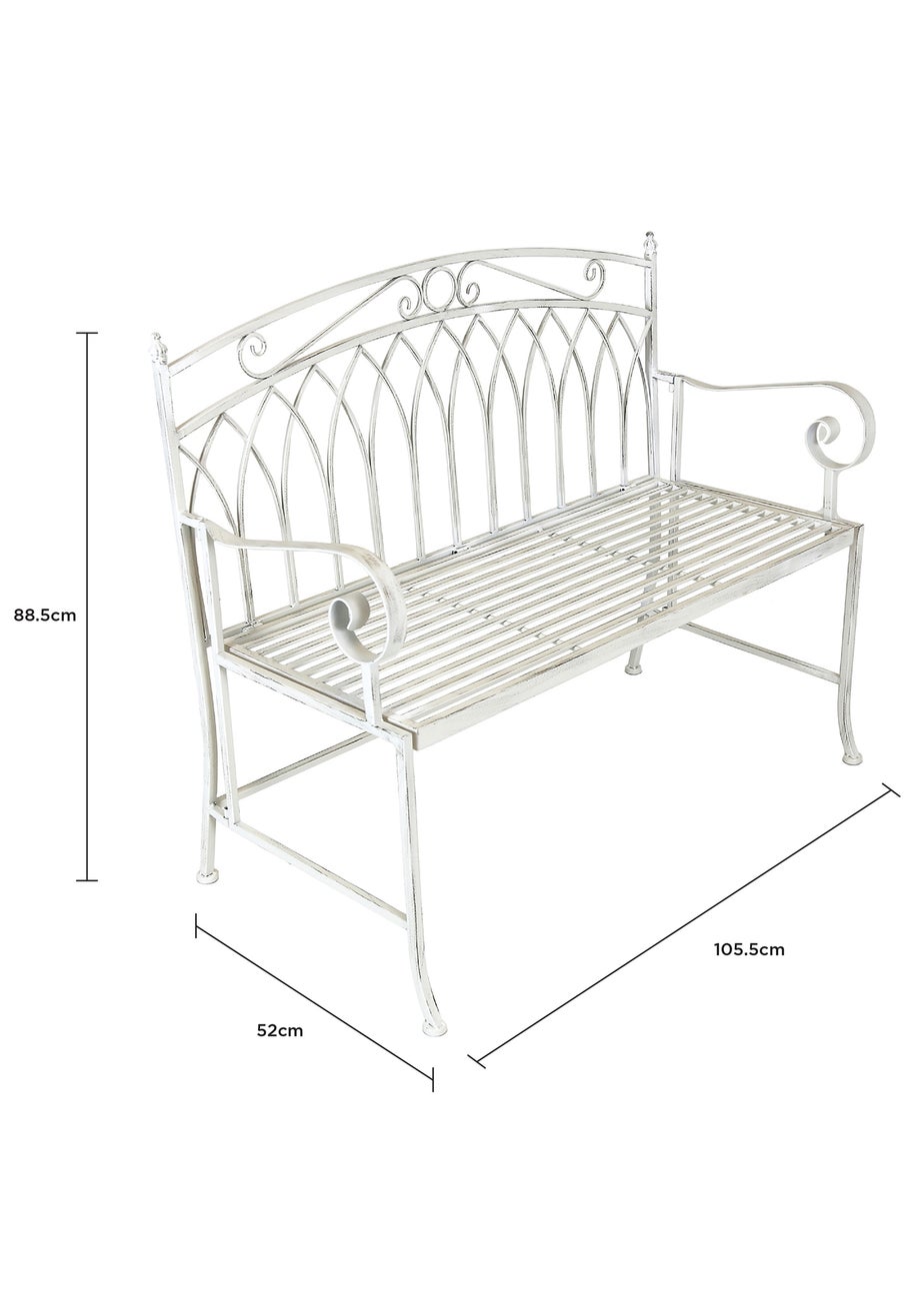 Charles Bentley Wrought Iron Feminine Bench Antique White (H89cm x L104.5cm x W54cm)