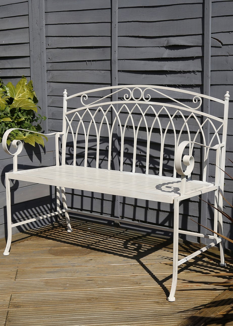 Charles Bentley Wrought Iron Feminine Bench Antique White (H89cm x L104.5cm x W54cm)