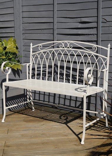 Charles Bentley Wrought Iron Feminine Bench Antique White (H89cm x L104.5cm x W54cm)