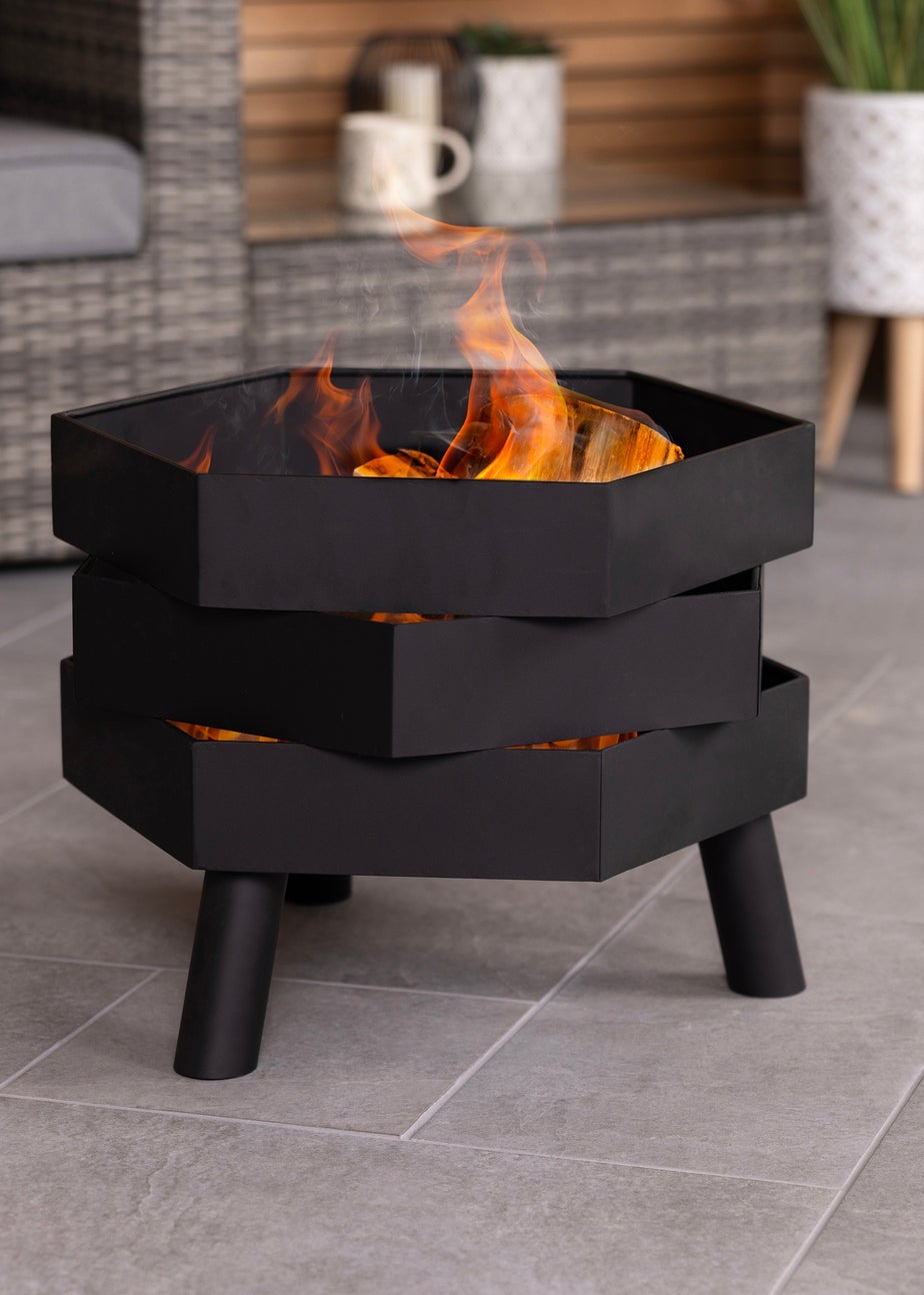 Charles Bentley Hexagonal 46cm Black Powder Coated Steel Modern Firepit (H35.5cm x W46cm x D46cm)