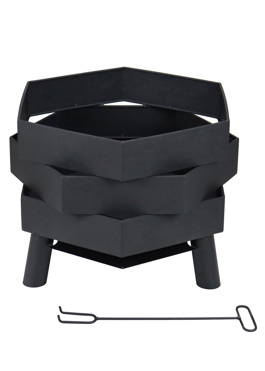 Charles Bentley Hexagonal 46cm Black Powder Coated Steel Modern Firepit (H35.5cm x W46cm x D46cm)