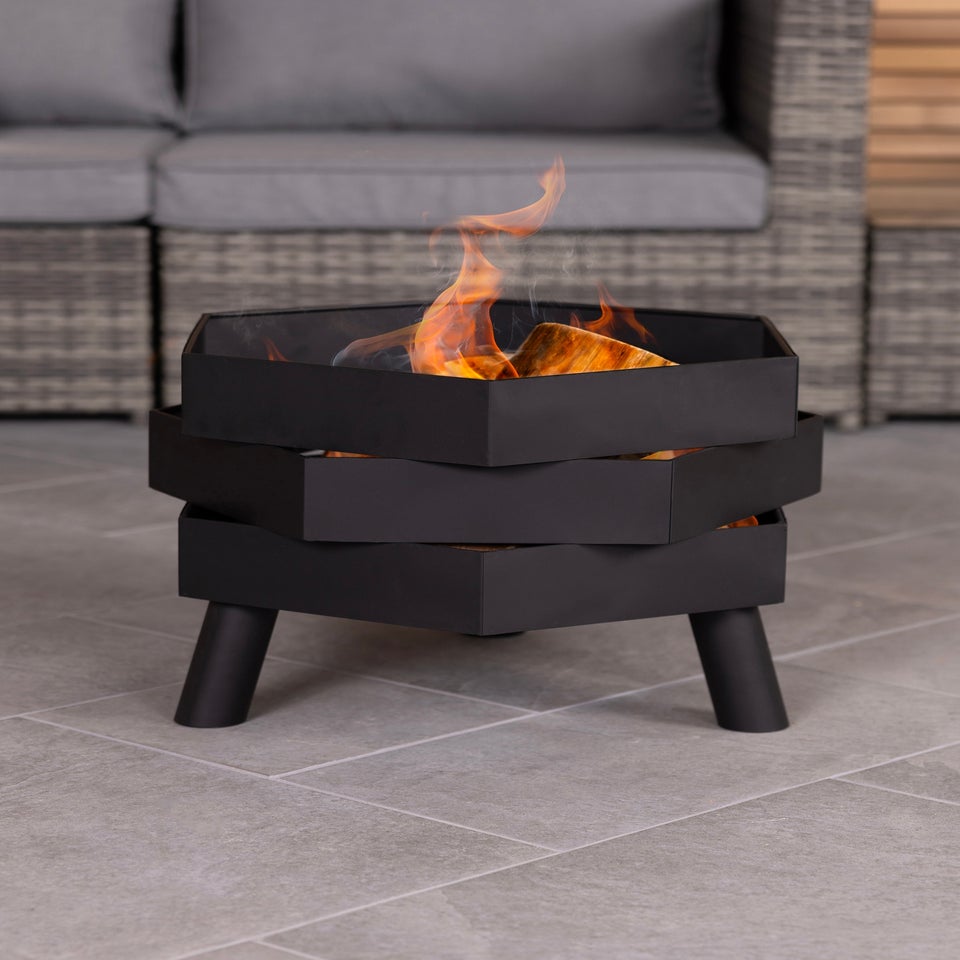 Charles Bentley Hexagonal 46cm Black Powder Coated Steel Modern Firepit (H35.5cm x W46cm x D46cm)