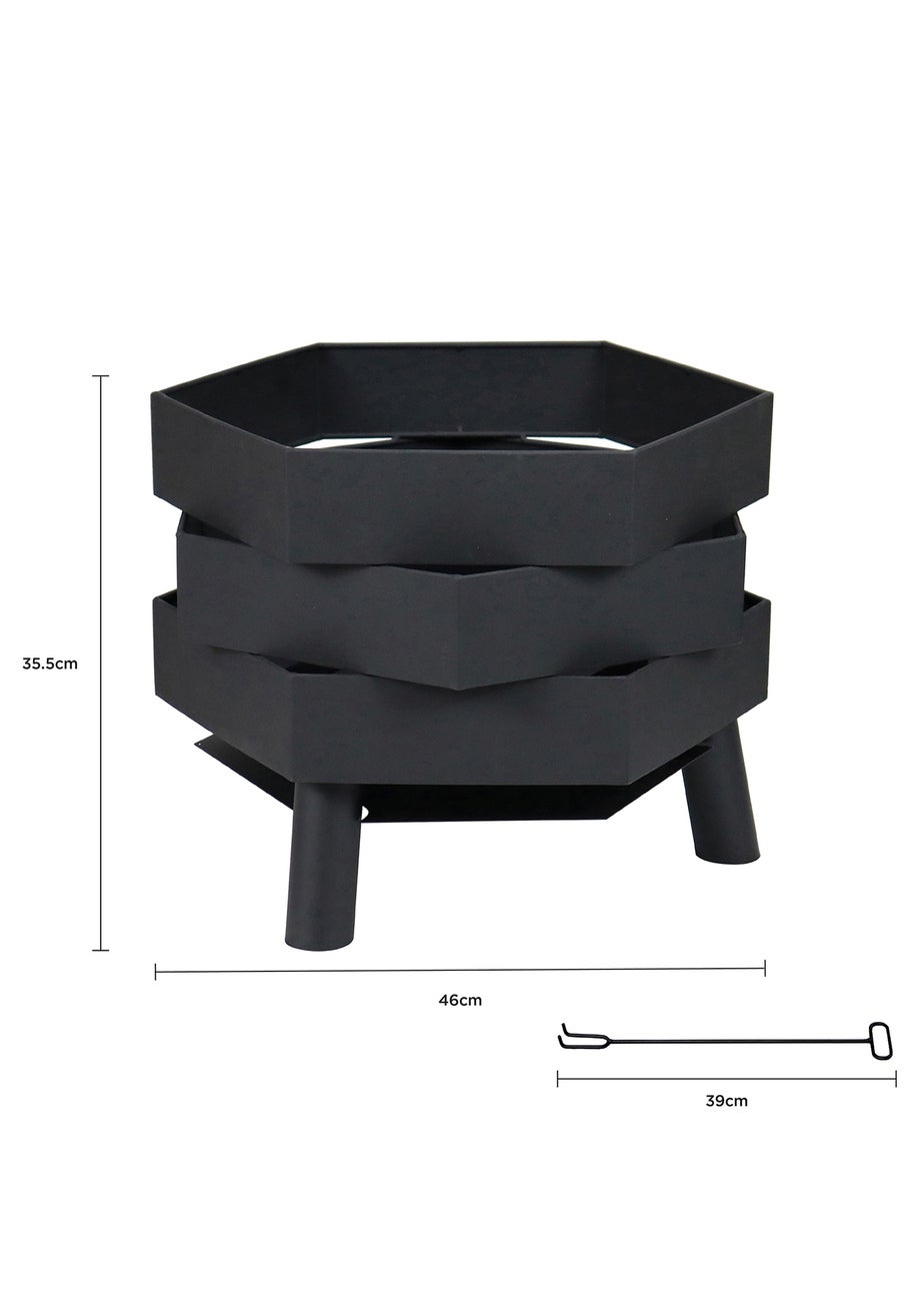 Charles Bentley Hexagonal 46cm Black Powder Coated Steel Modern Firepit (H35.5cm x W46cm x D46cm)