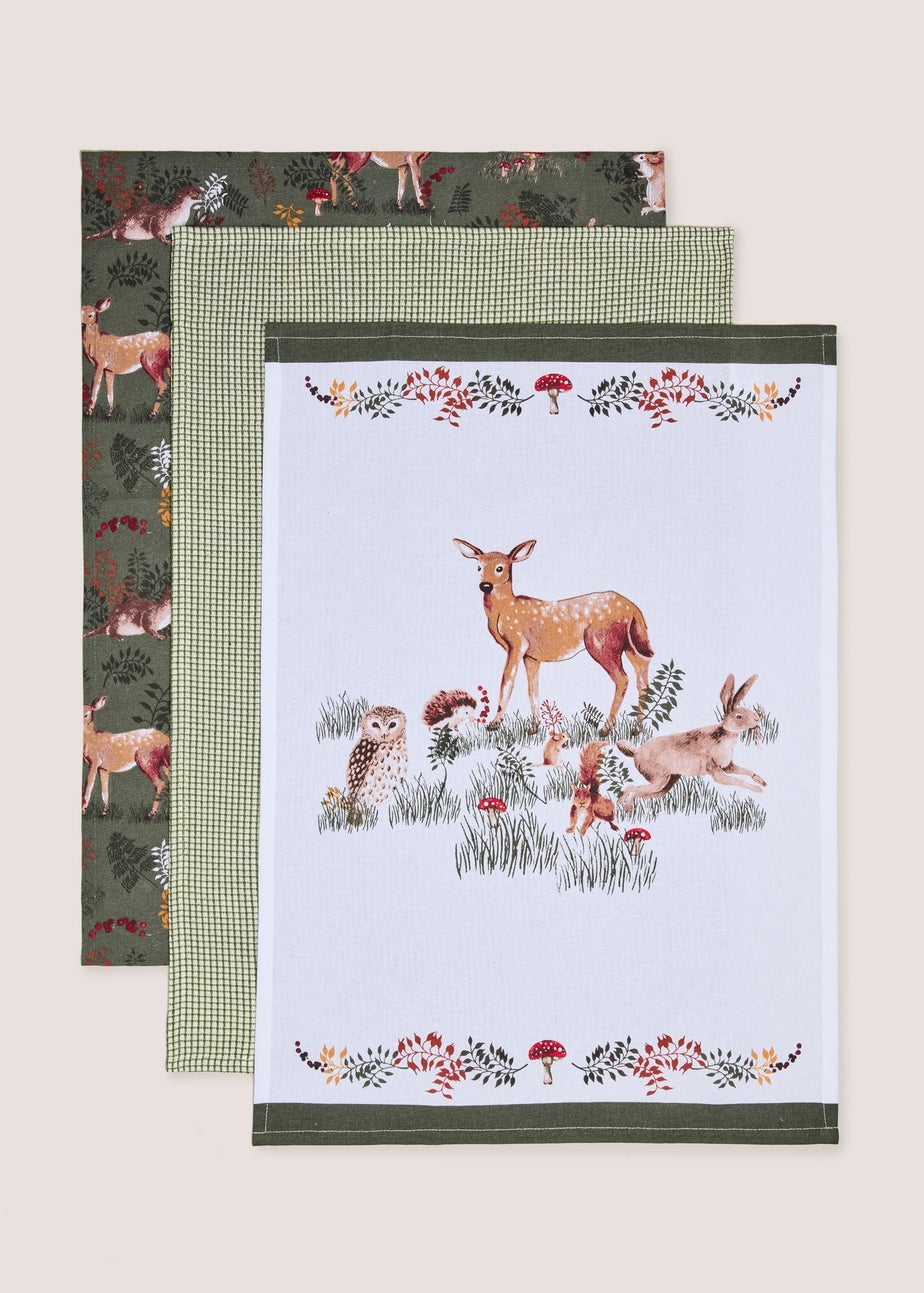 3 Pack Green Woodland Animal Tea Towels