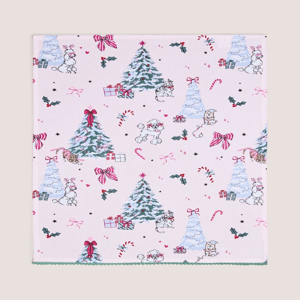 Pink Christmas Dog Large Tea Towel