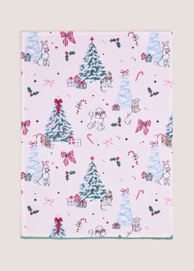 Pink Christmas Dog Large Tea Towel