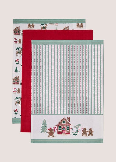3 Pack Red Gingerbread Christmas Tea Towels