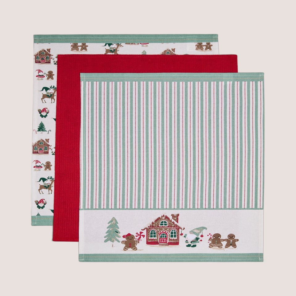 3 Pack Red Gingerbread Christmas Tea Towels