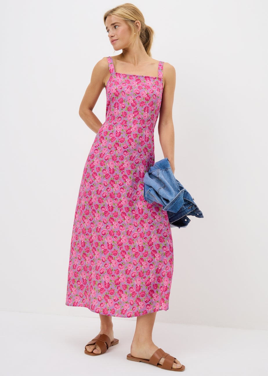 Pink Floral Bow Back Midi Dress