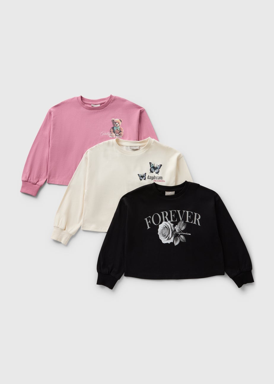 3 Pack Girls Printed Long Sleeve T-shirts (7-15yrs)