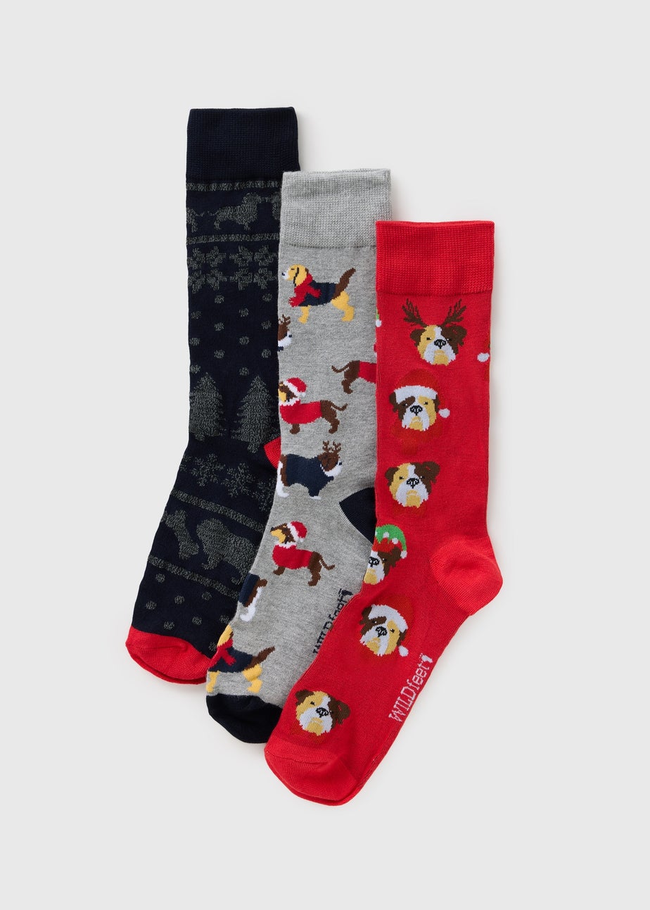 3 Pack Multicolour Christmas Dogs Socks