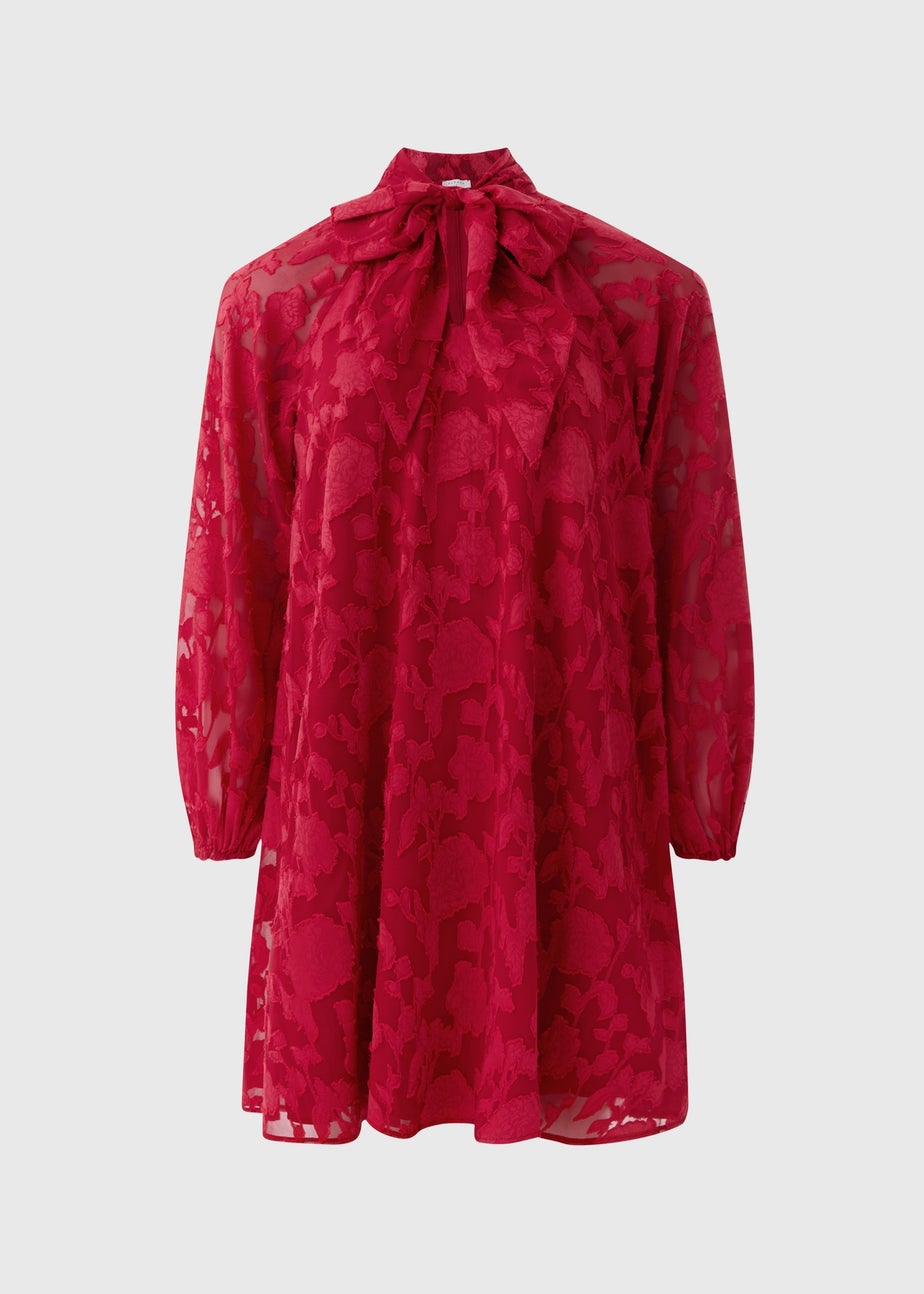 Red Jacquard Tie Neck Mini Dress