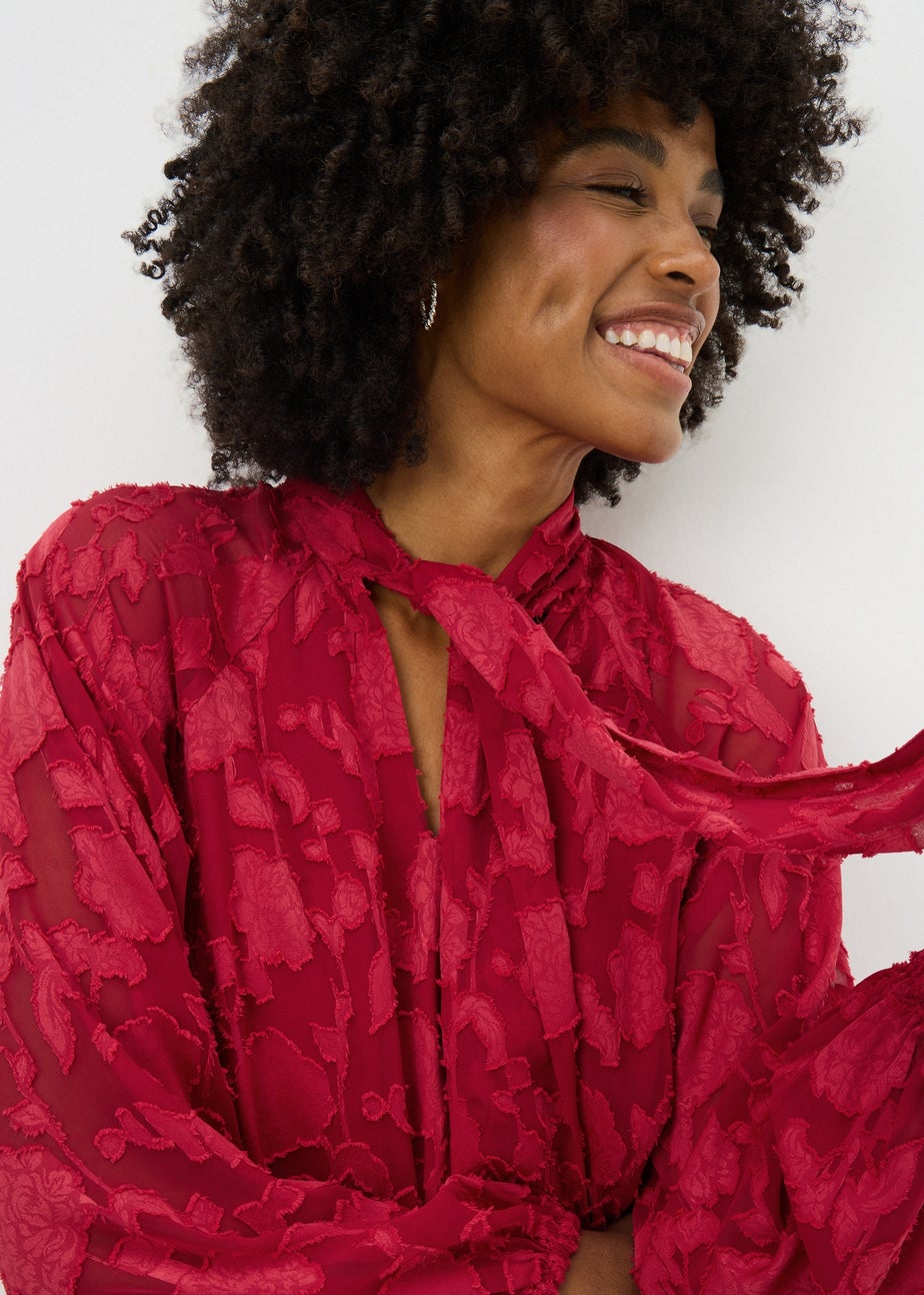 Red Jacquard Tie Neck Mini Dress