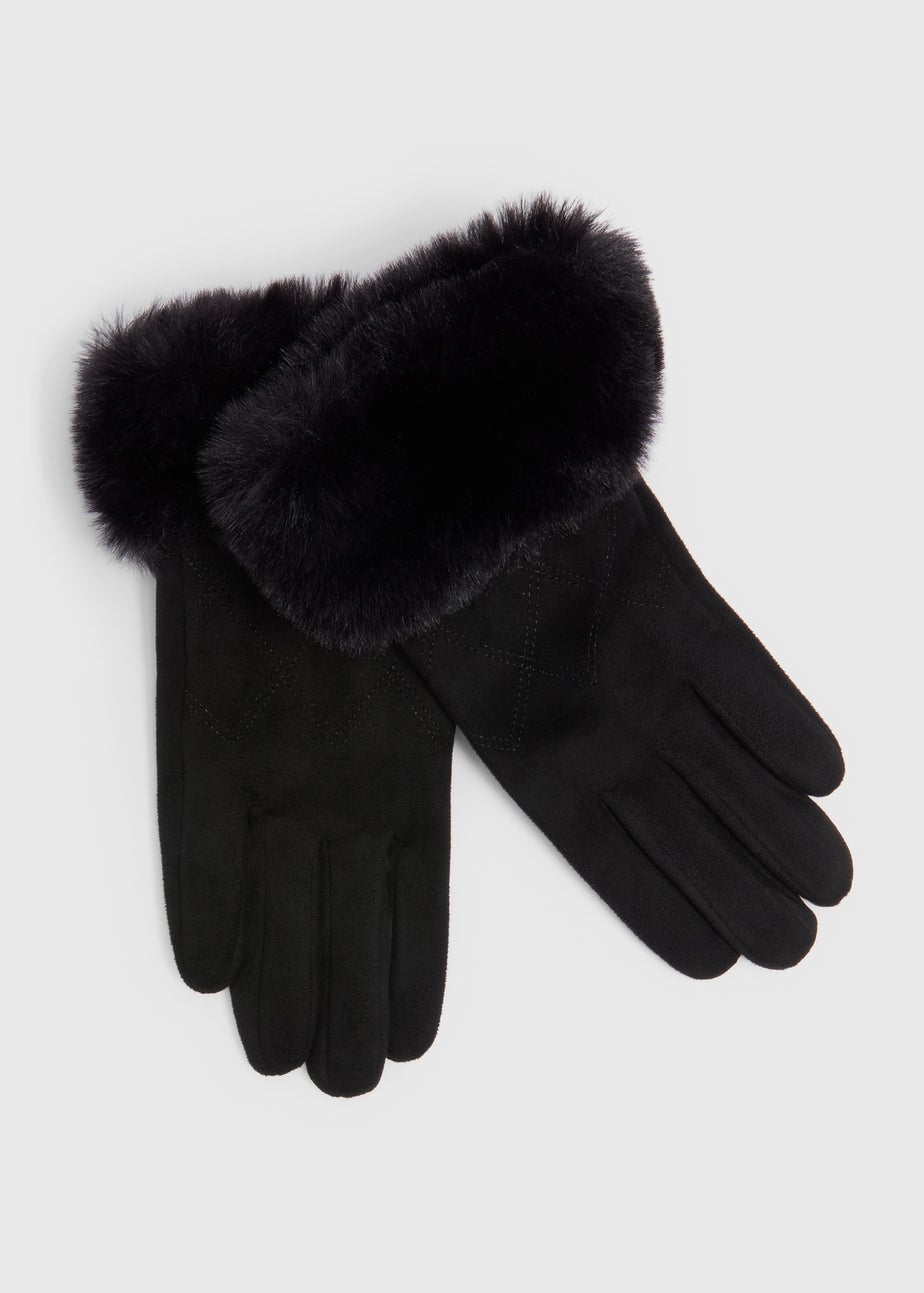 Black Faux Fur Trim Gloves