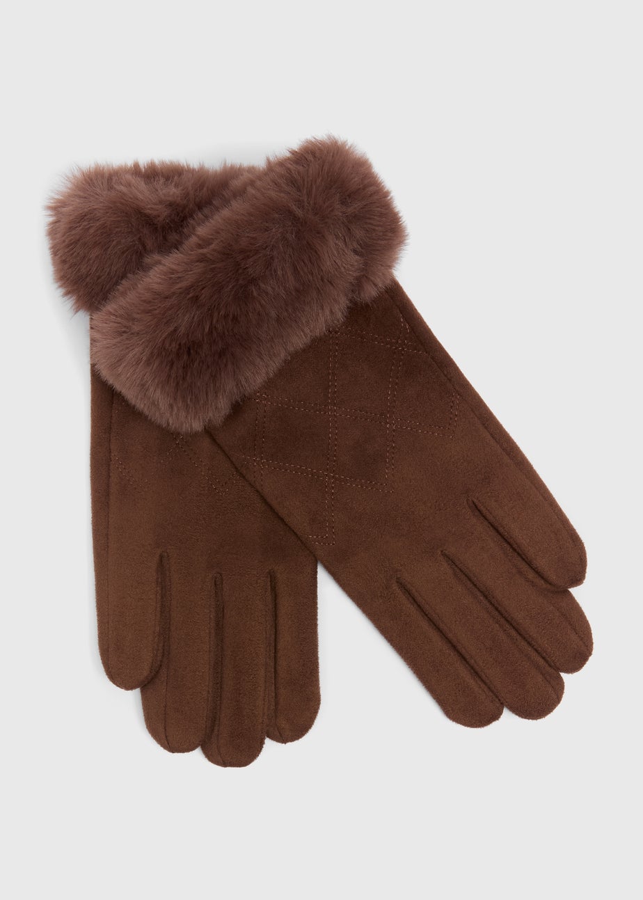 Brown Faux Fur Trim Gloves