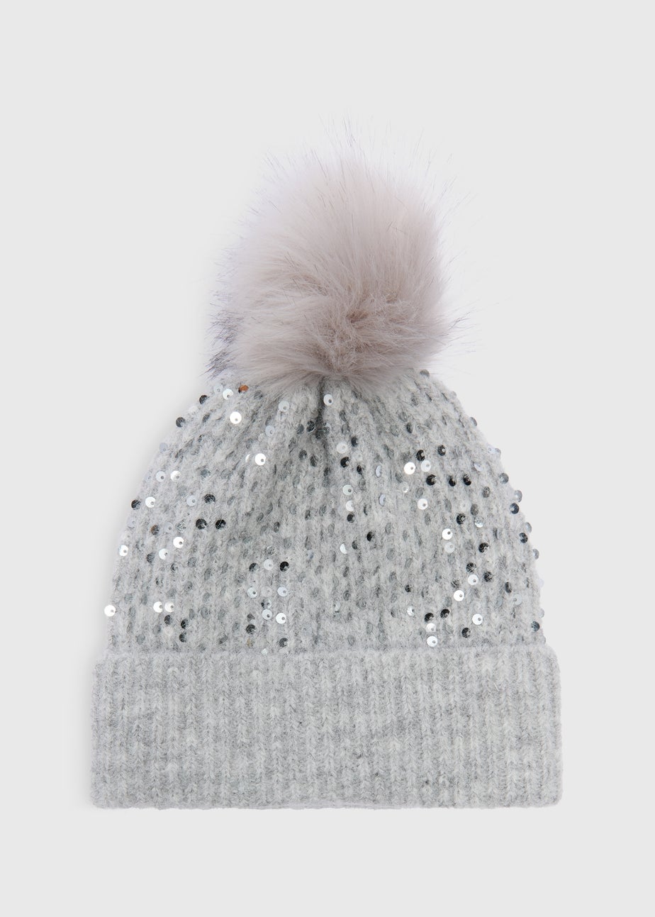 Grey Pom Pom Sequin Beanie Hat