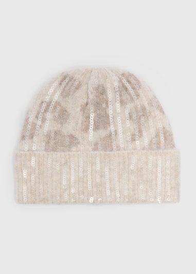 Cream Animal Print Sequin Beanie Hat