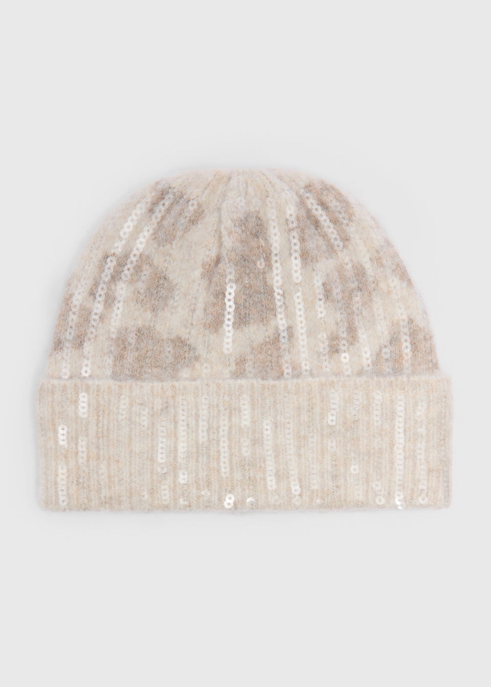 Cream Animal Print Sequin Beanie Hat