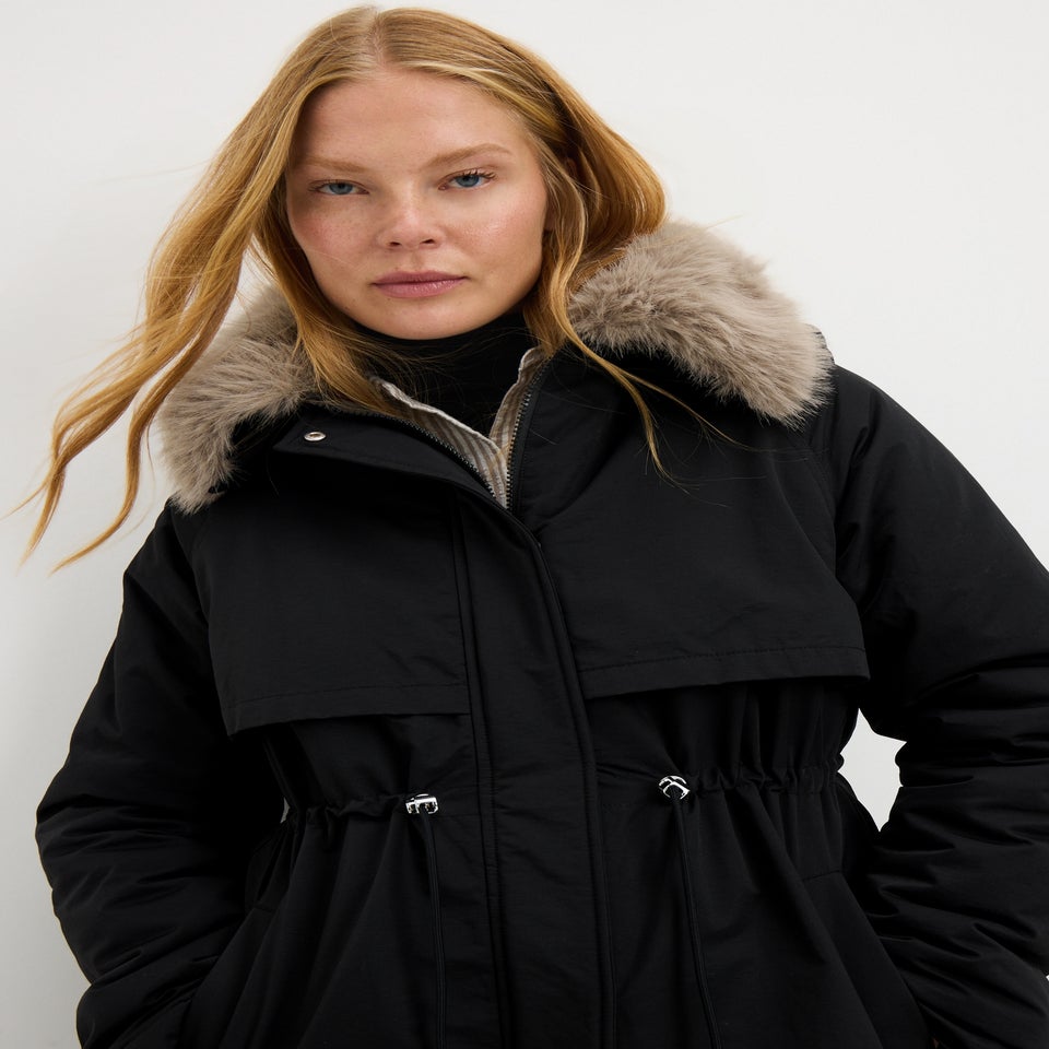 Black Faux Fur Hooded Parka