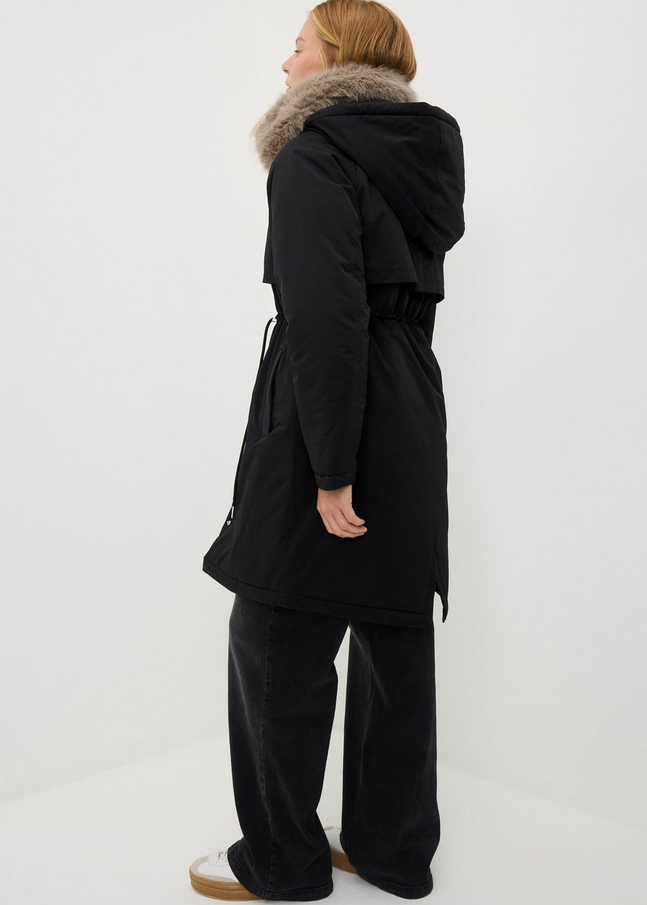 Black Faux Fur Hooded Parka