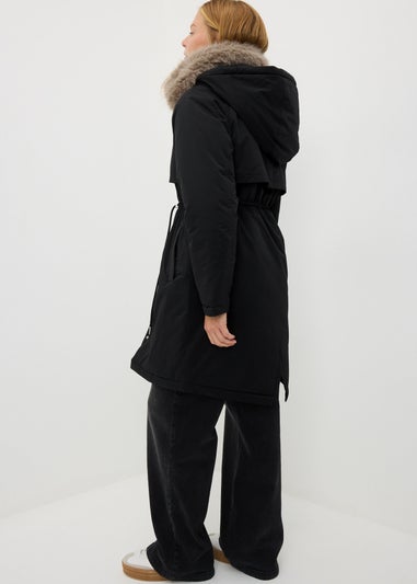 Black Faux Fur Hooded Parka