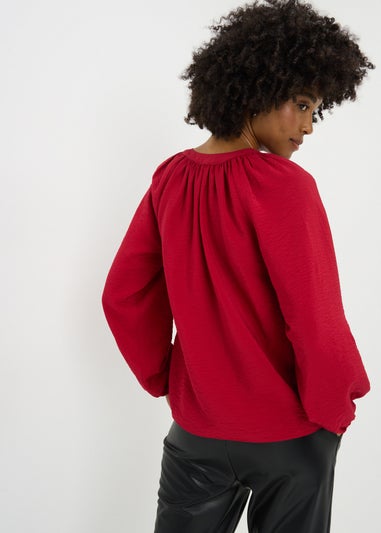 Red Popover Long Sleeve Blouse