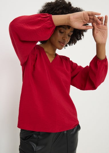 Red Popover Long Sleeve Blouse