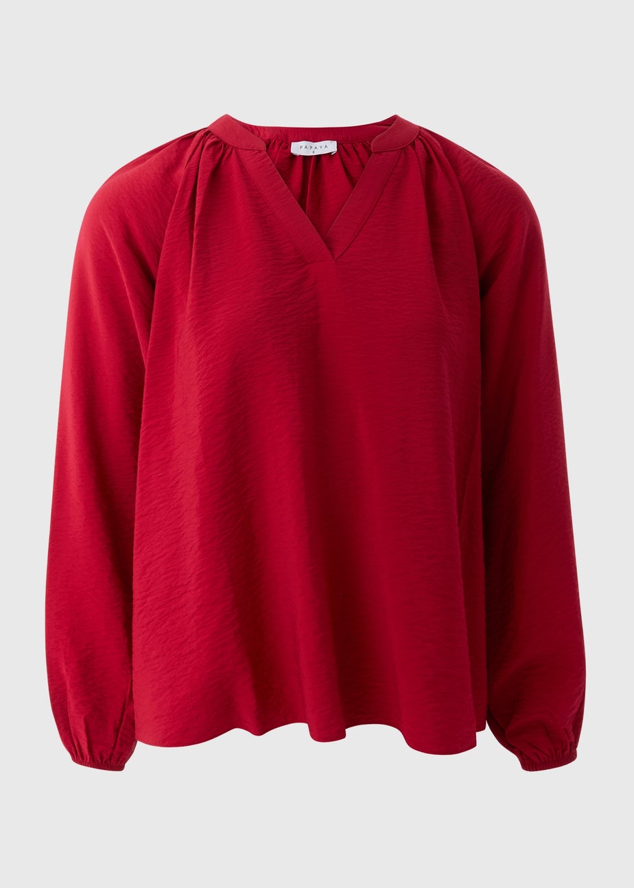 Red Popover Long Sleeve Blouse