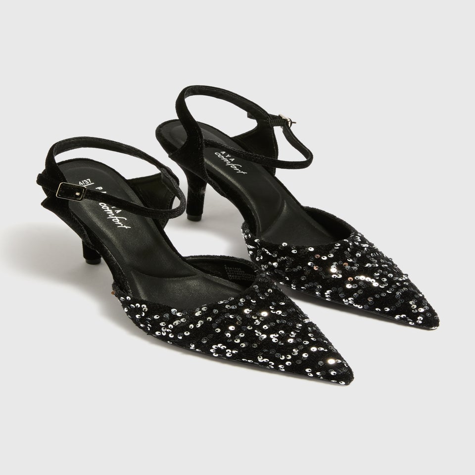 Black Sequin Strappy Court Heels