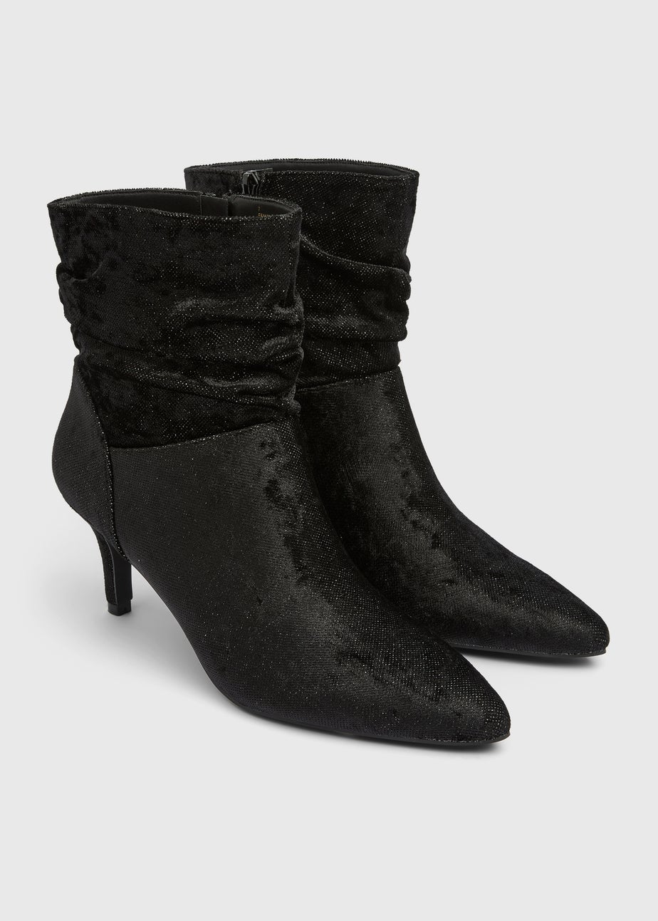 Black Ruched Faux Suede Heeled Boots