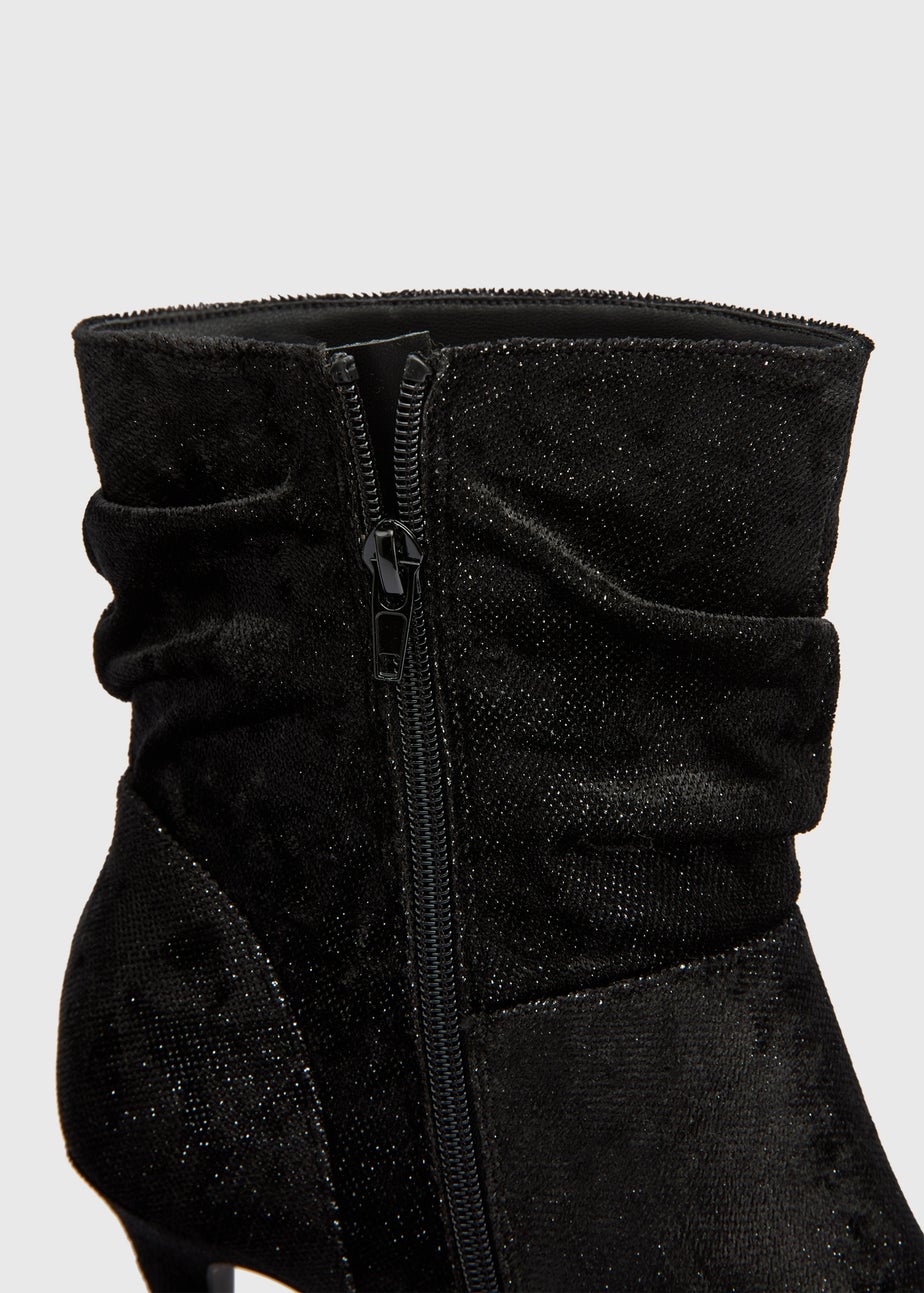 Black Ruched Faux Suede Heeled Boots