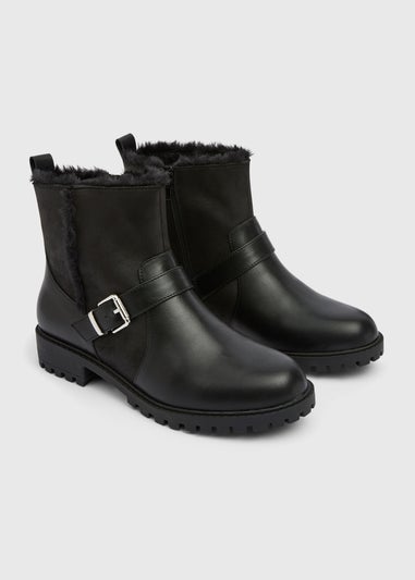 Black Wide Fit Fur Lined Biker Boots
