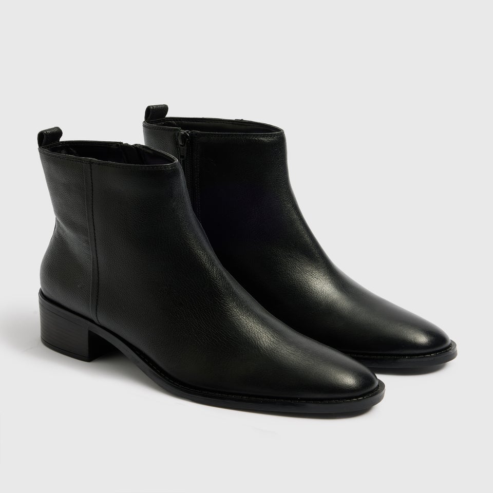 Black Block Heel Leather Ankle Boots