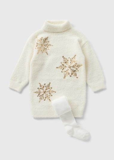 Girls Cream Snowflake Dress & Tights Set (1-7yrs)