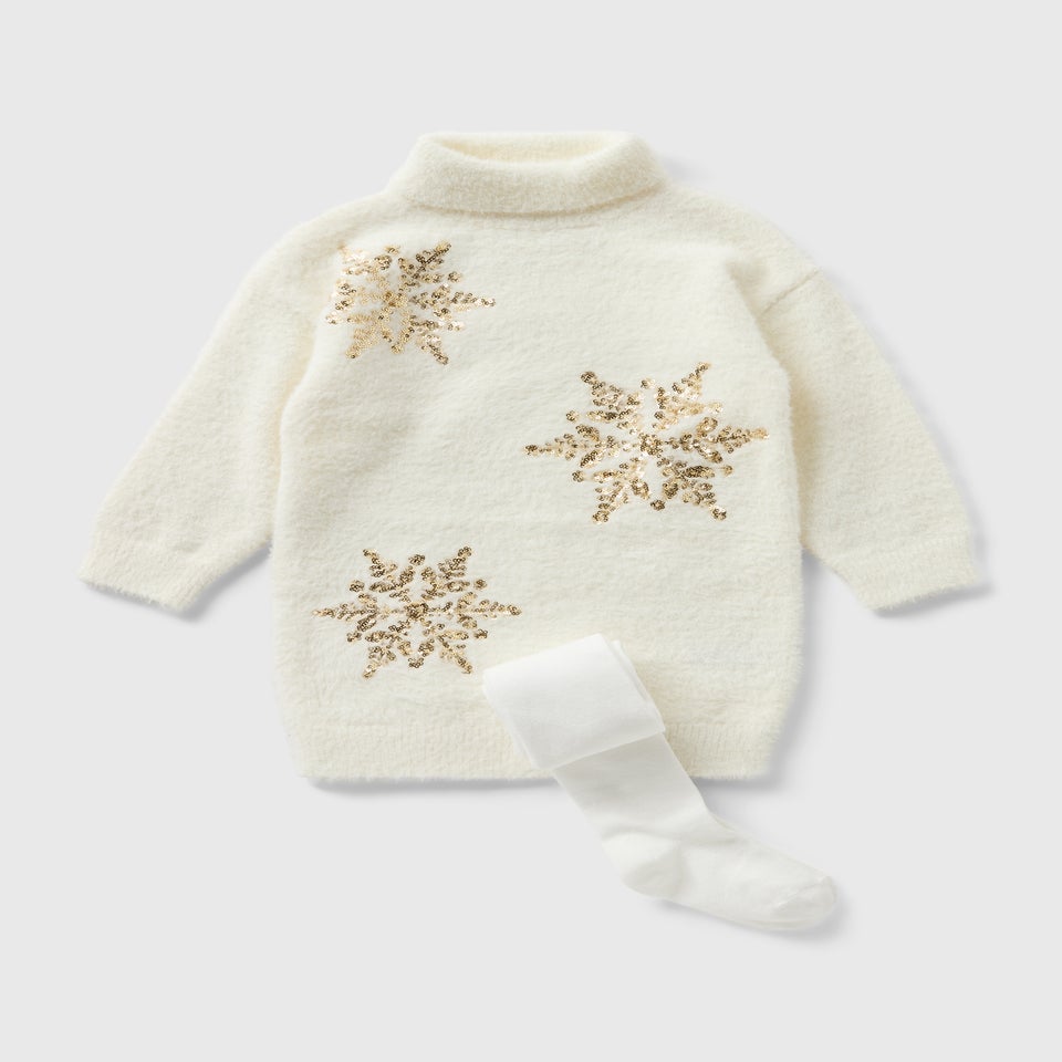 Girls Cream Snowflake Dress & Tights Set (1-7yrs)