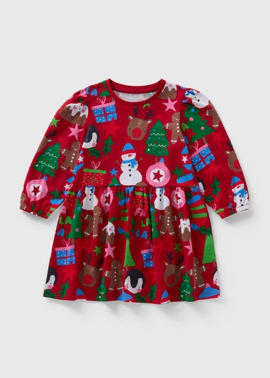 Girls Red Christmas Print Dress (1-7yrs)