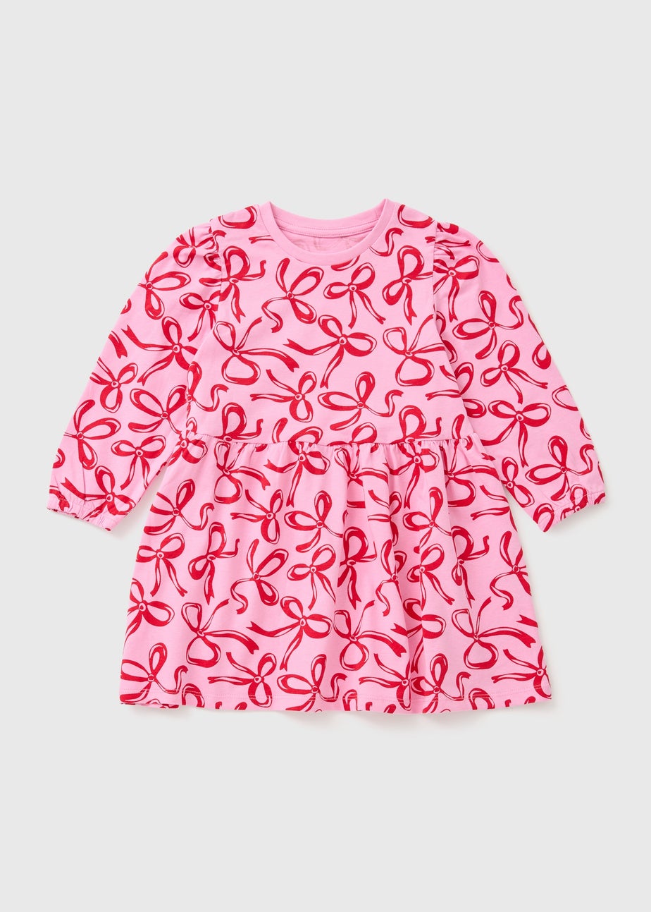 Girls Pink Christmas Bow Dress (1-7yrs)