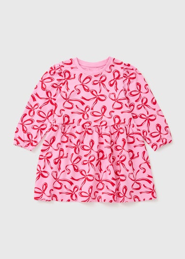 Girls Pink Christmas Bow Dress (1-7yrs)