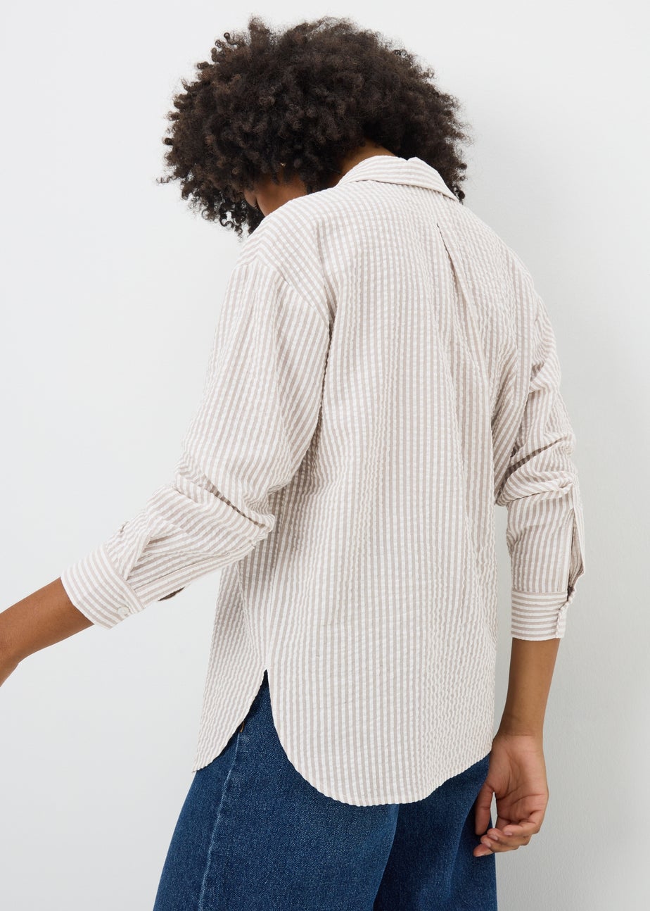Beige Seersucker Striped Shirt