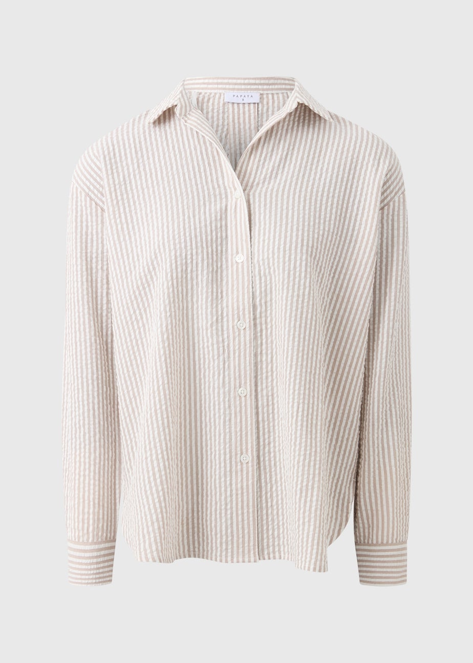 Beige Seersucker Striped Shirt