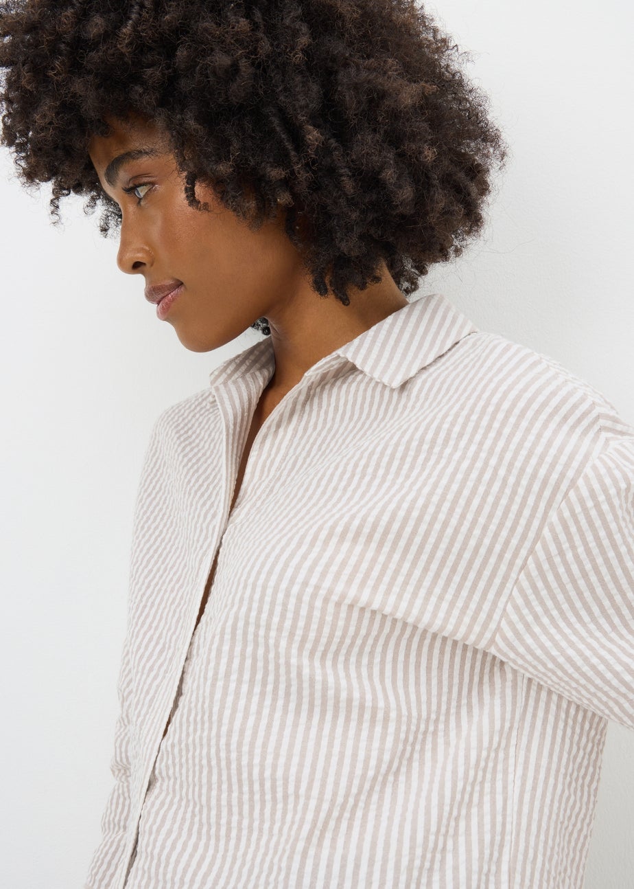 Beige Seersucker Striped Shirt