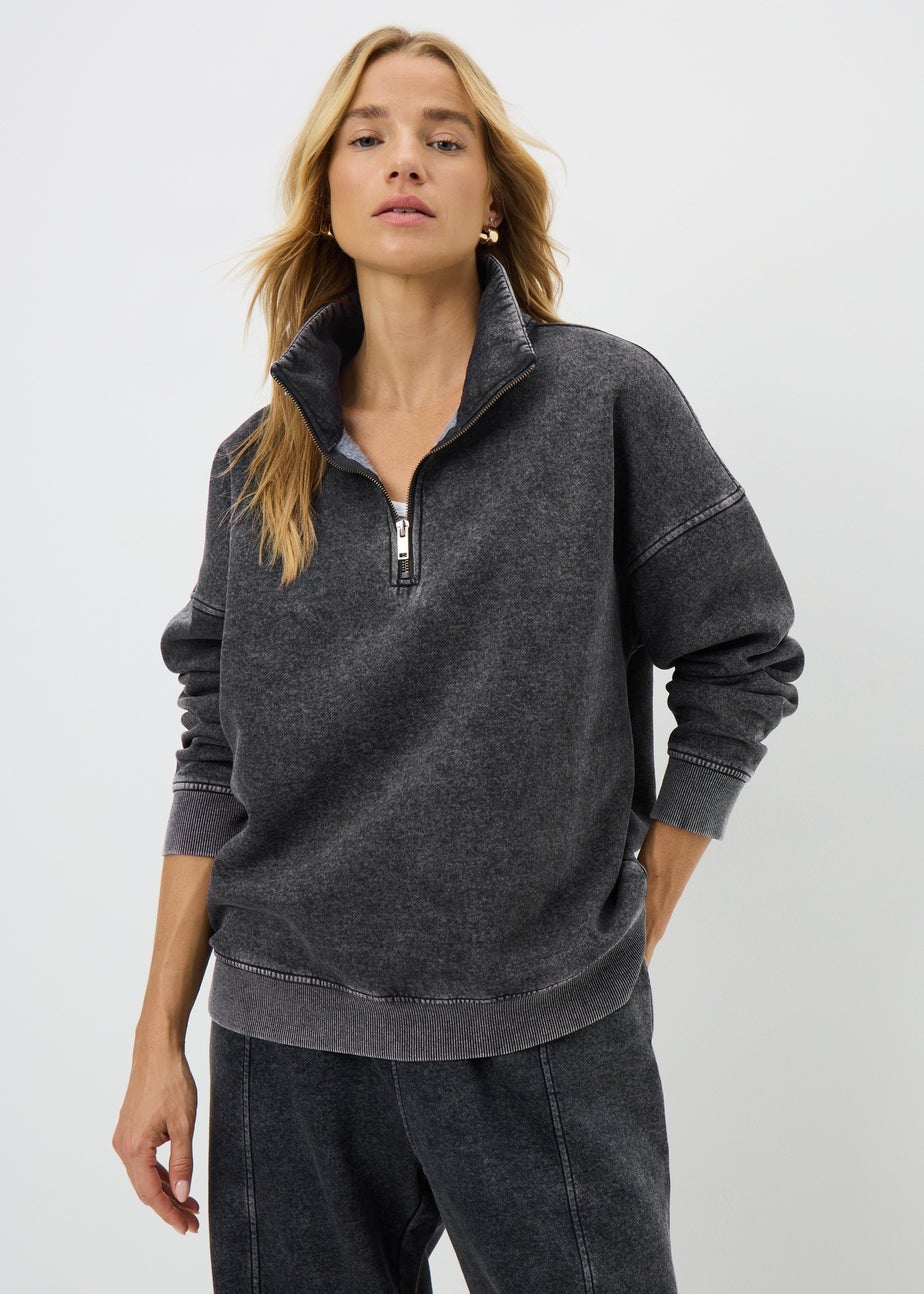 Charcoal Acid Wash Half Zip Sweatshirt
