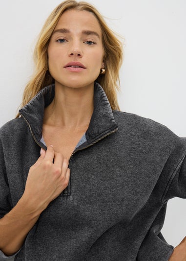 Charcoal Acid Wash Half Zip Sweatshirt