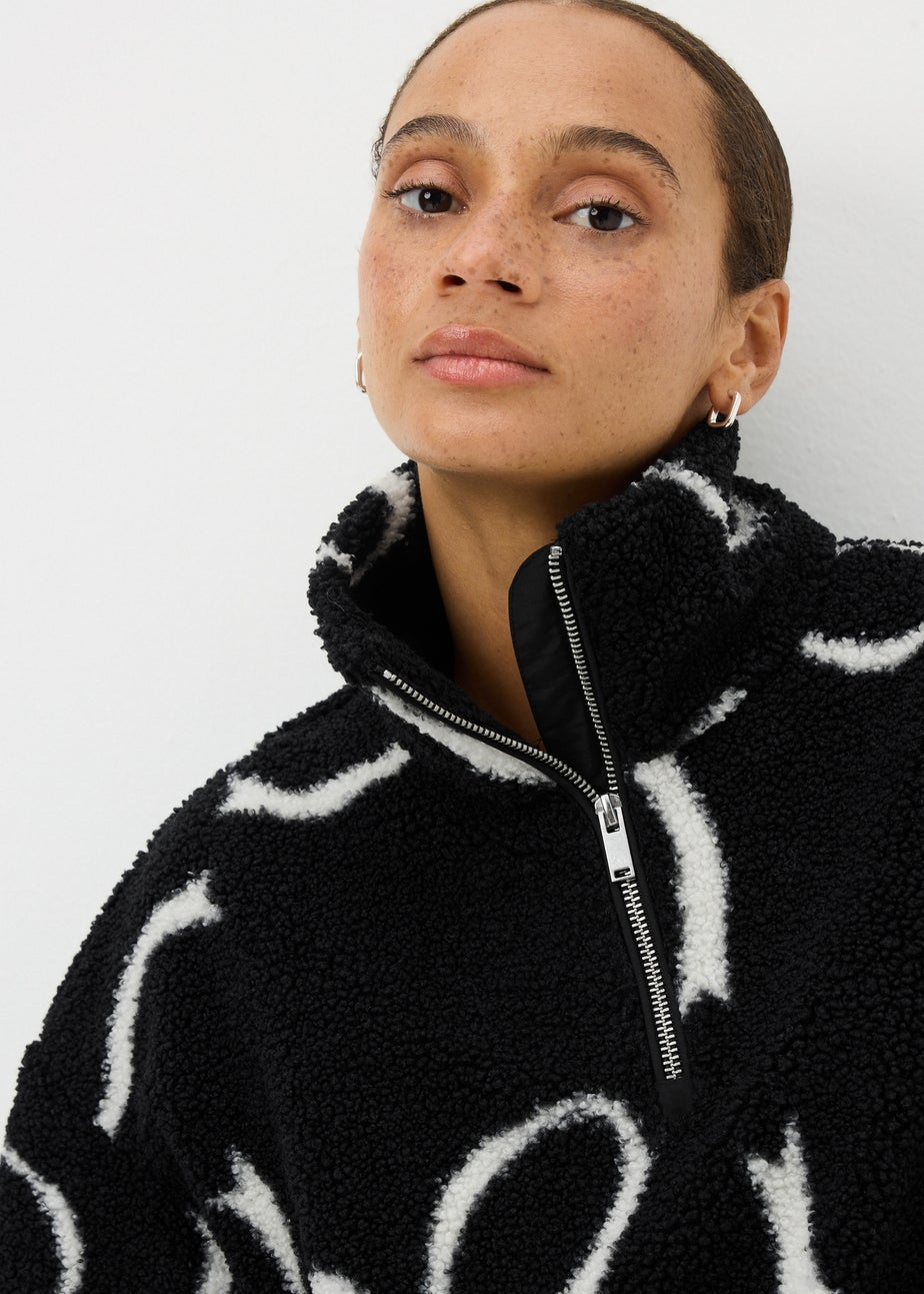 Black Bow Print Half Zip Fleece Top