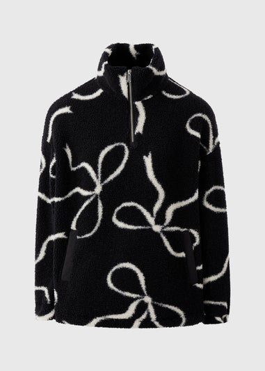 Black Bow Print Half Zip Fleece Top