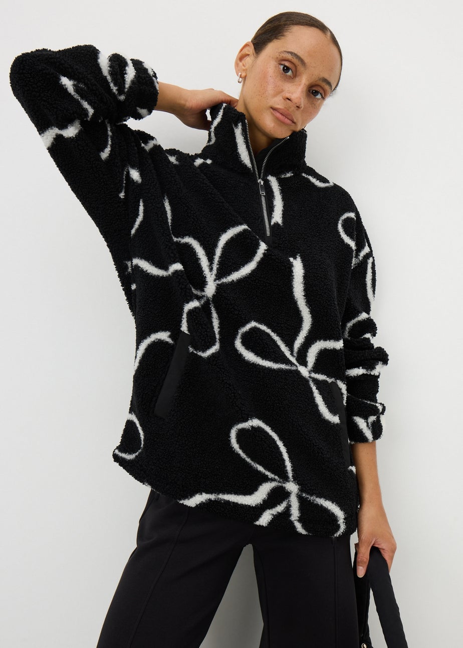Black Bow Print Half Zip Fleece Top