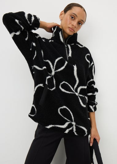 Black Bow Print Half Zip Fleece Top
