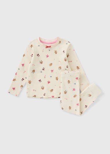 Girls Cream Ribbed Christmas Pyjamas (1-7yrs)